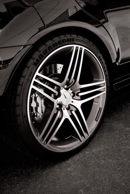 Black and white photo of a Mercedes tyre.